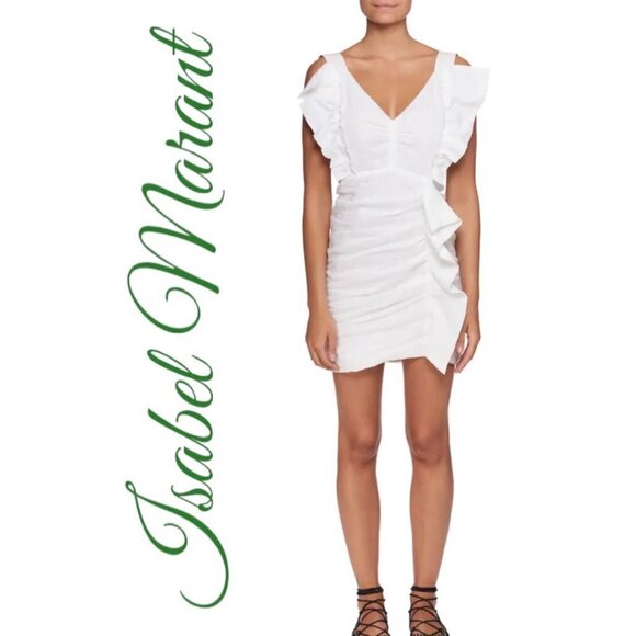 NWT ETOILE ISABEL MARANT Topaz Chic 100% Linen White V-Neck Ruffle Mini Dress, 6 - Picture 10 of 11